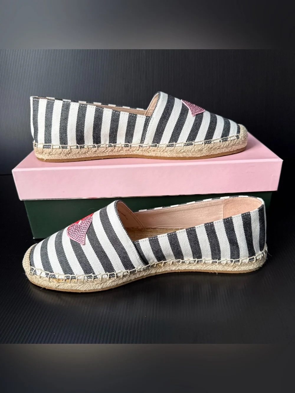 NIB Kate Spade Black White Gimlet Heart Lips Espadrille Shoes Women’s Size 9.5